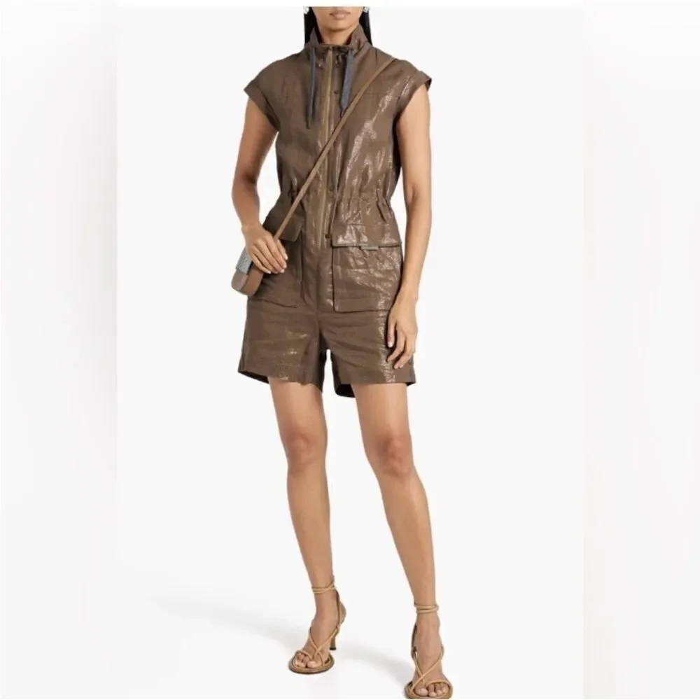 NWT Brunello Cucinelli 100% linen Shimmering Gold/ brown romper, S